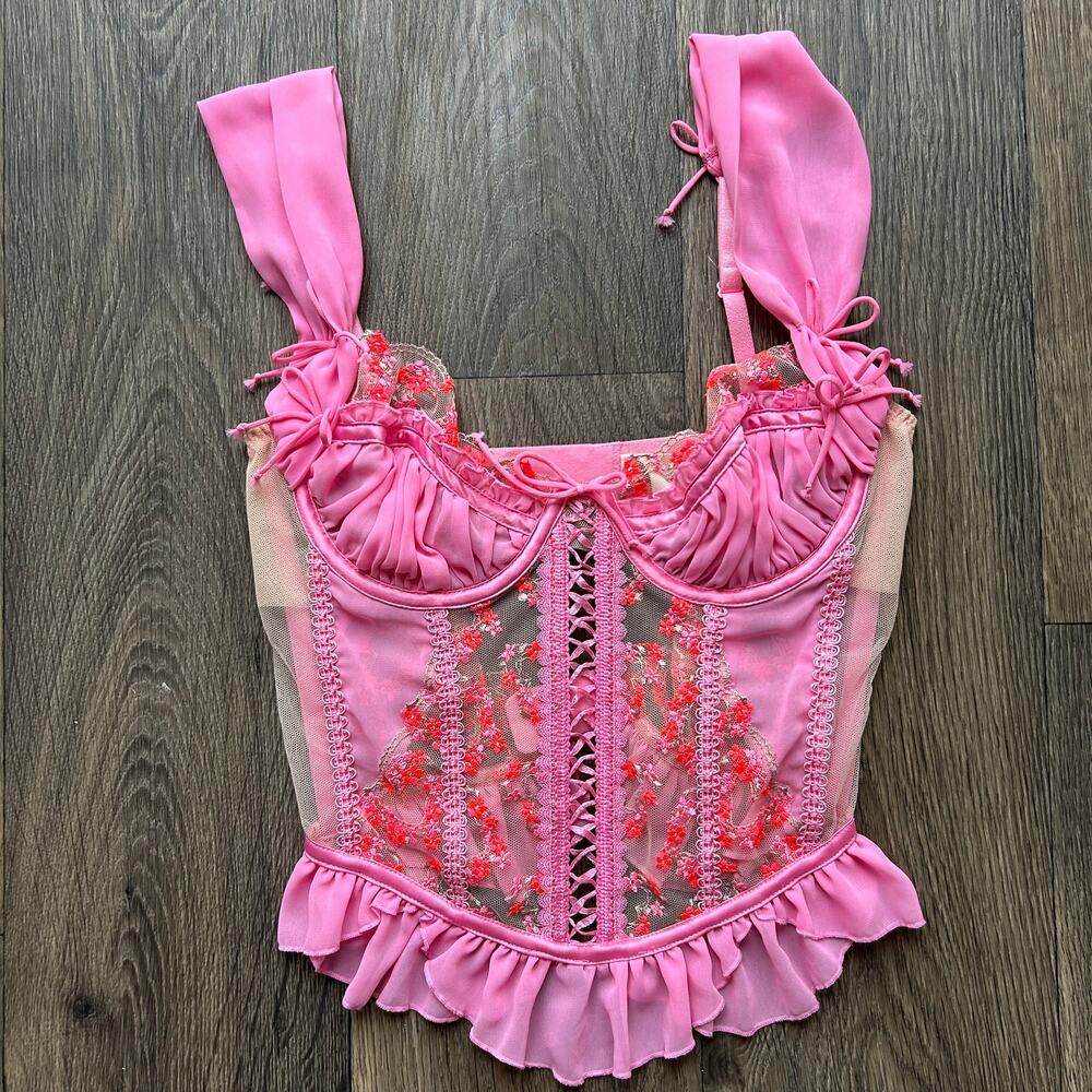 For Love And Lemons Pink Floral Embroidered Bustier Top